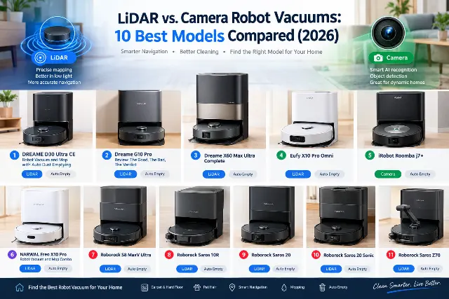 LiDAR vs. Camera Robot Vacuums: 10 Best Models Compared (2026)