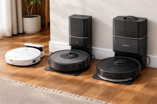 Several robot vacuums lined up on a wood floor